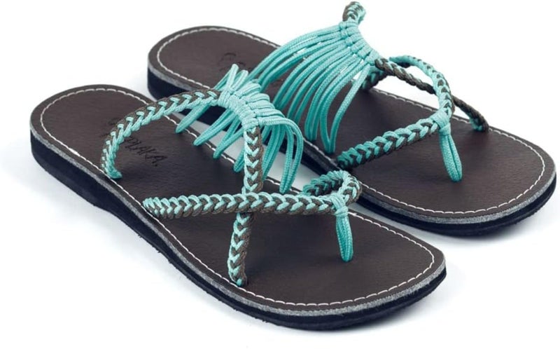 Plaka Oceanside Flat Summer Sandals for Women | Flip flops for the Beach, Walking & Dressy Occasions | Turquoise Gray | Size 9 - Image 2